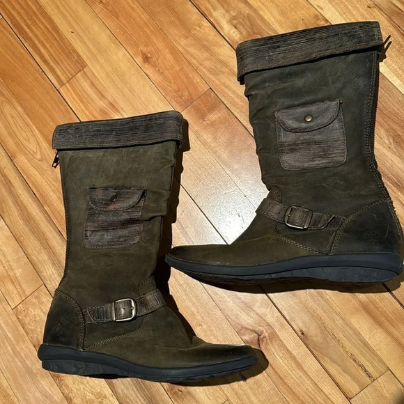 Ruff Hewn Shoes - Ruff Hewn Tilly distressed leather avocado full length zipper back cuffed boots